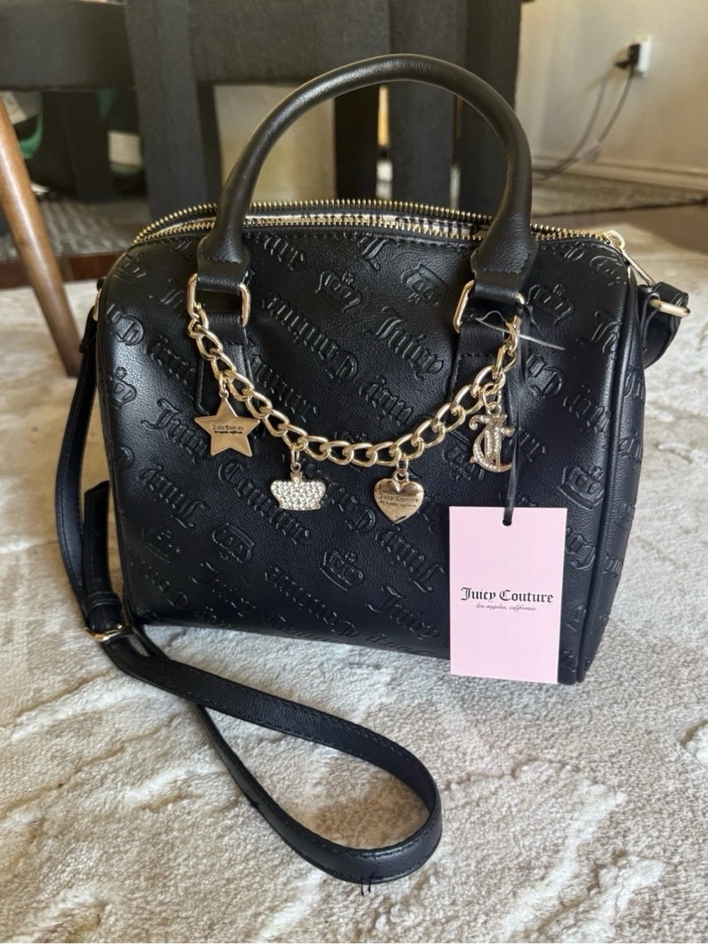 Juicy Couture Not Your Babe Satchel Black Embossed With Charm Chain